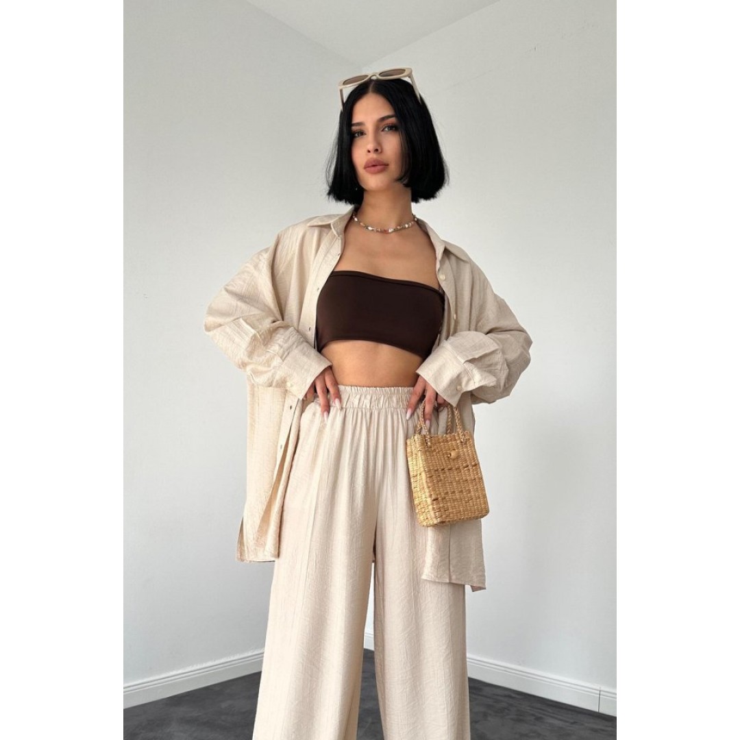 Bej Alice Gömlek Ve Bol Kesim Pantolon Takım - 148475