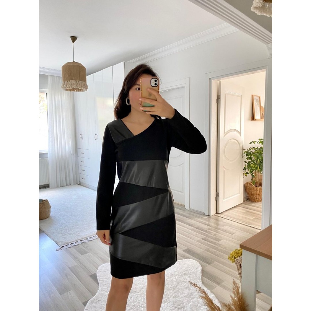 Kadın Uzun Kollu Asimetrik Yaka Süet Ve Deri Mini Boy Elbise - 133965 Kadın Uzun Kollu Asimetrik Yaka Süet Ve Deri Mini Boy Elbise - 133965