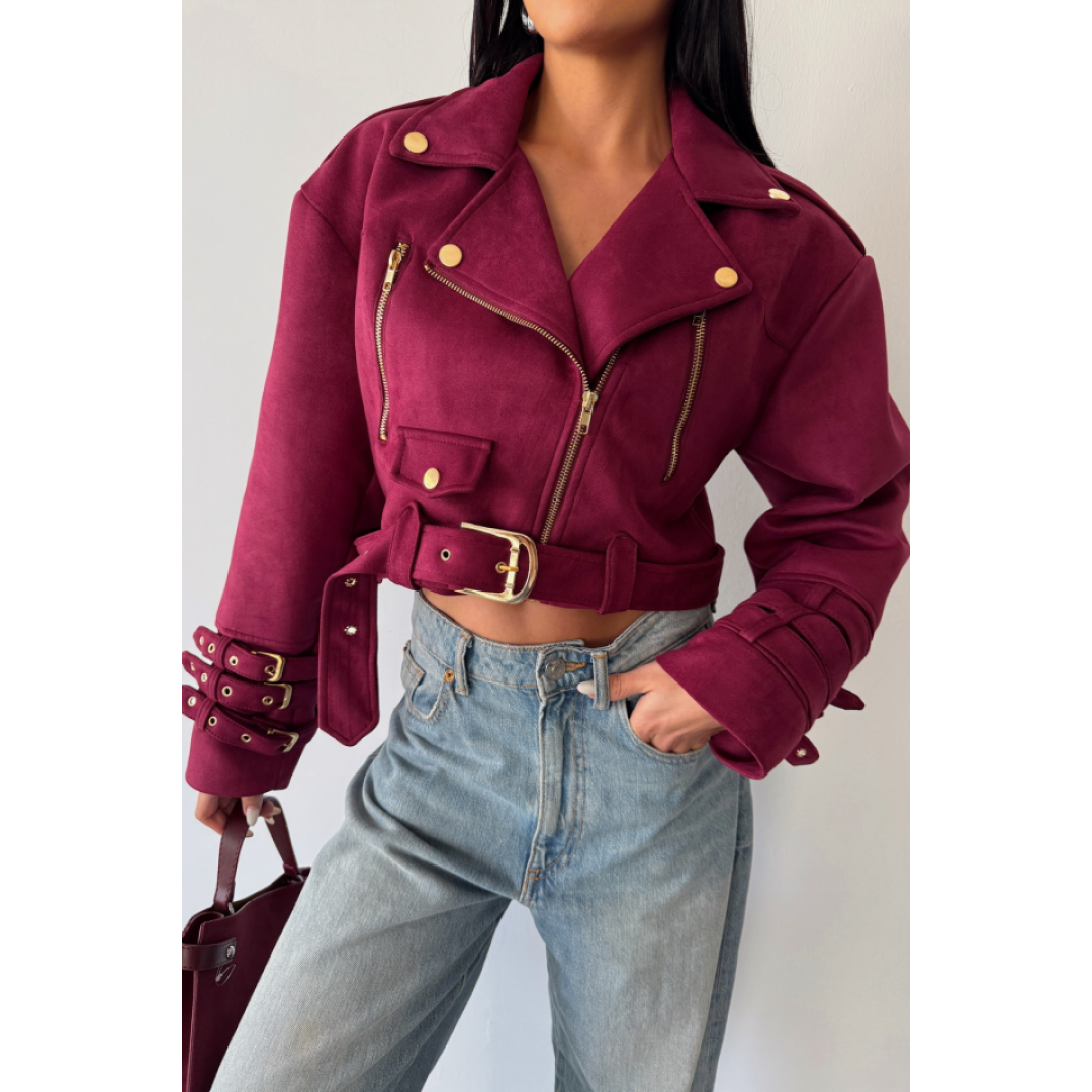 SÜET CROP CEKET KOL 3 KEMER DETAYLI - Bordo 153444 SÜET CROP CEKET KOL 3 KEMER DETAYLI - Bordo 153444
