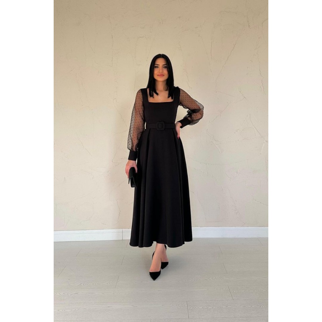 Siyah Kolları Organze Kuplu Elbise