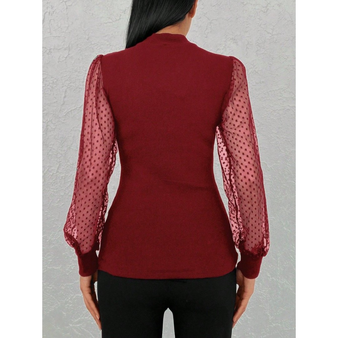 Kadınkolu Tül Detaylı Yarım Balıkçı Kaşkorse Bluz - 84930