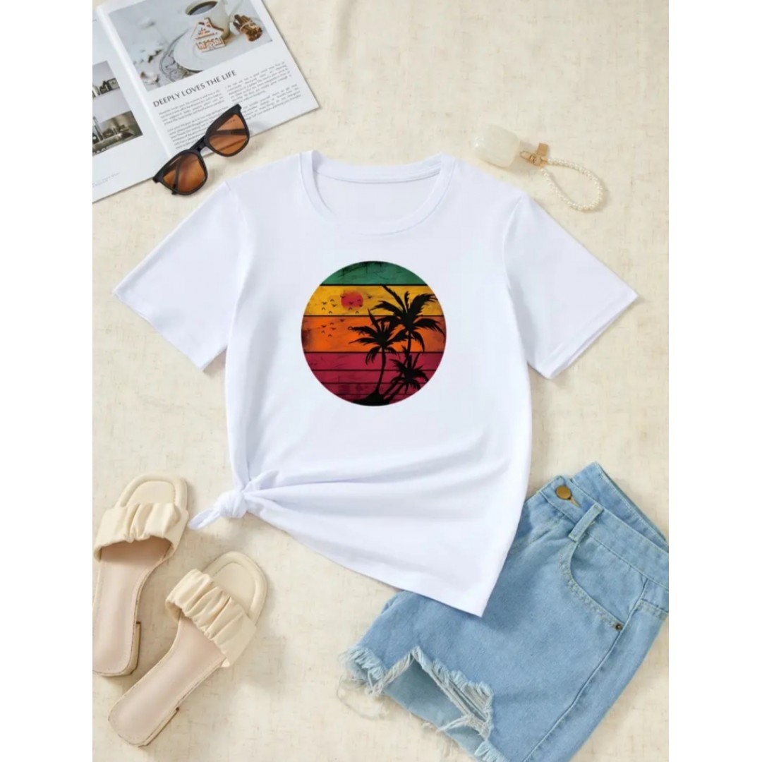 Kadın Kısa Kollu Palmiye Baskılı Viskon T-shirt 161924 Kadın Kısa Kollu Palmiye Baskılı Viskon T-shirt 161924