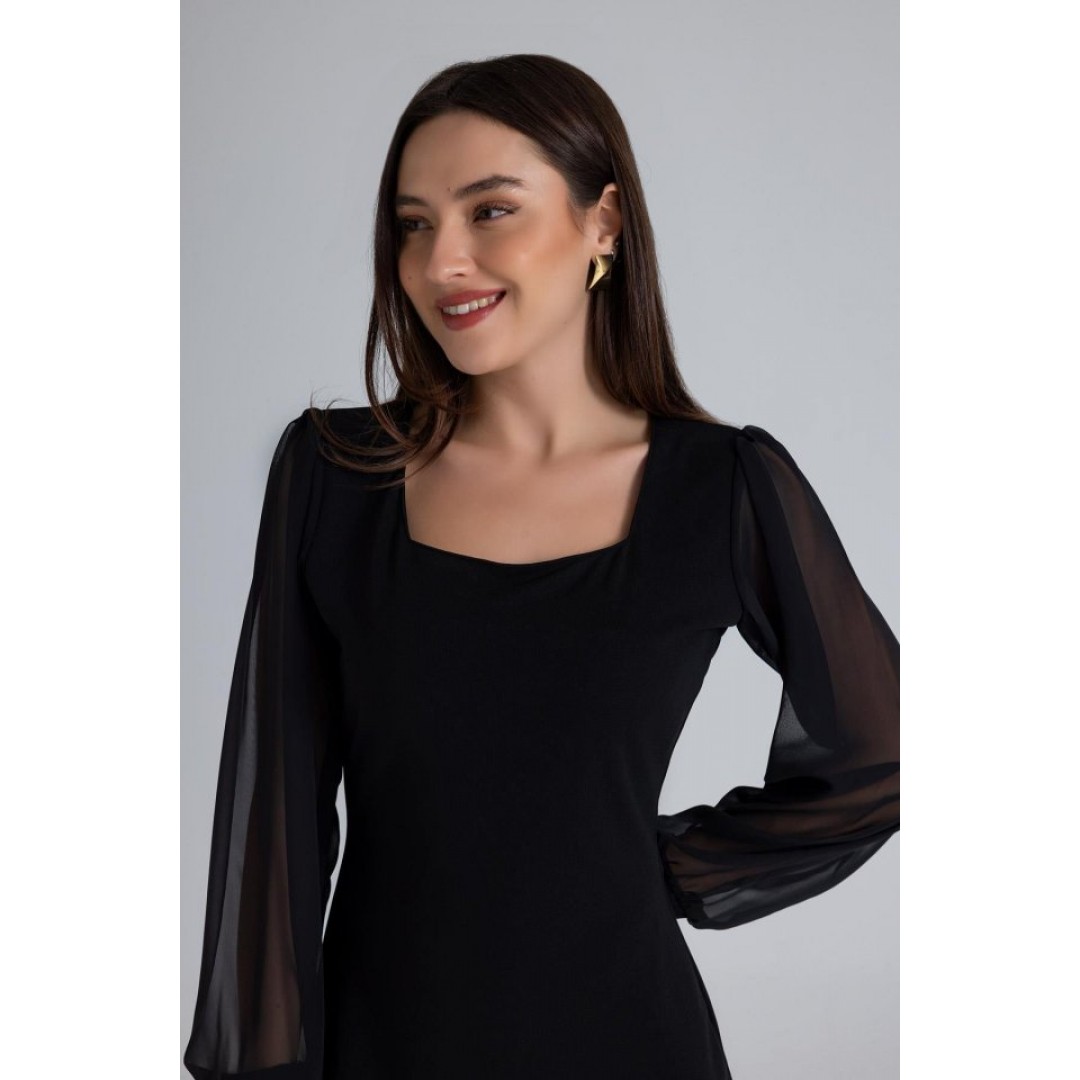 Kadın Kare Yaka Kolları Tül Sandy Kumaş Fırsat ürün Mini Siyah Elbise - 140991 Kadın Kare Yaka Kolları Tül Sandy Kumaş Fırsat ürün Mini Siyah Elbise - 140991