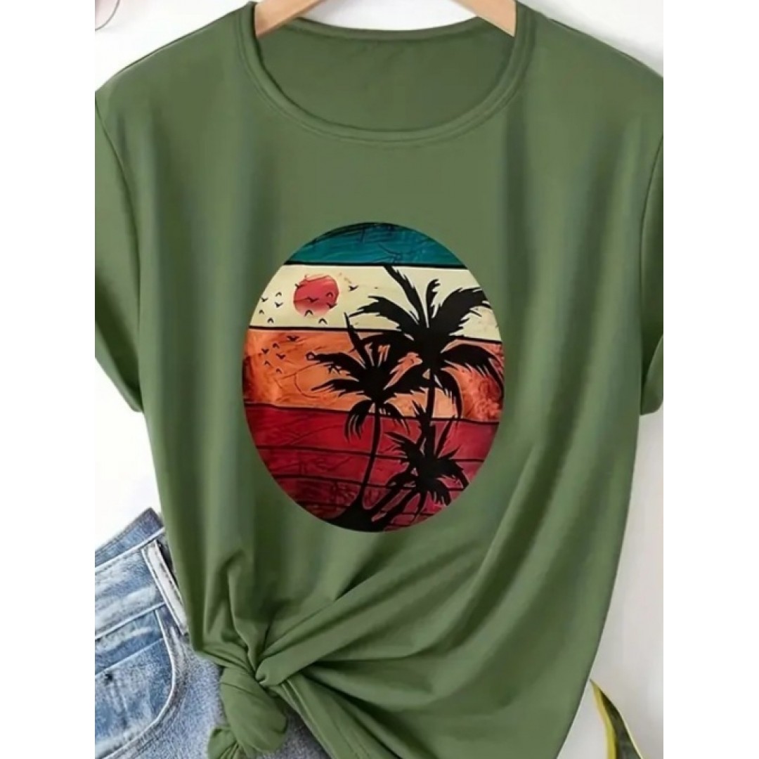 Kadın Kısa Kollu Palmiye Baskılı Viskon T-shirt - 115762 Kadın Kısa Kollu Palmiye Baskılı Viskon T-shirt - 115762