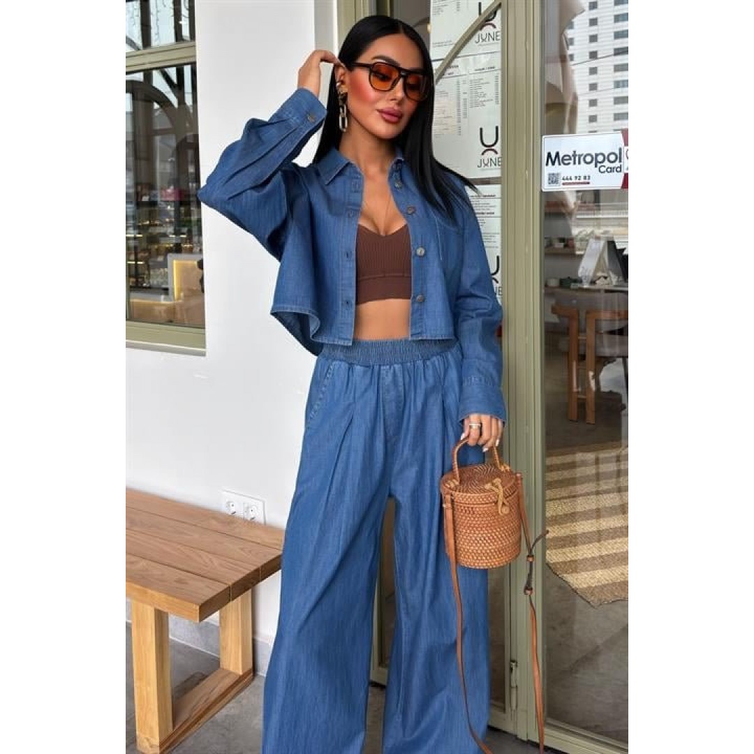 Denim Gömlek Plazzo Pantolon Takım 10163-08 159265 Denim Gömlek Plazzo Pantolon Takım 10163-08 159265