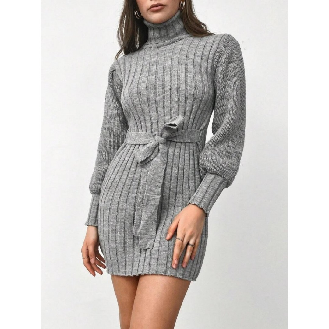 Kadın Uzun Kollu Balıkçı Yaka Beli Kuşaklı Mini Triko Elbise - 95094 Kadın Uzun Kollu Balıkçı Yaka Beli Kuşaklı Mini Triko Elbise - 95094