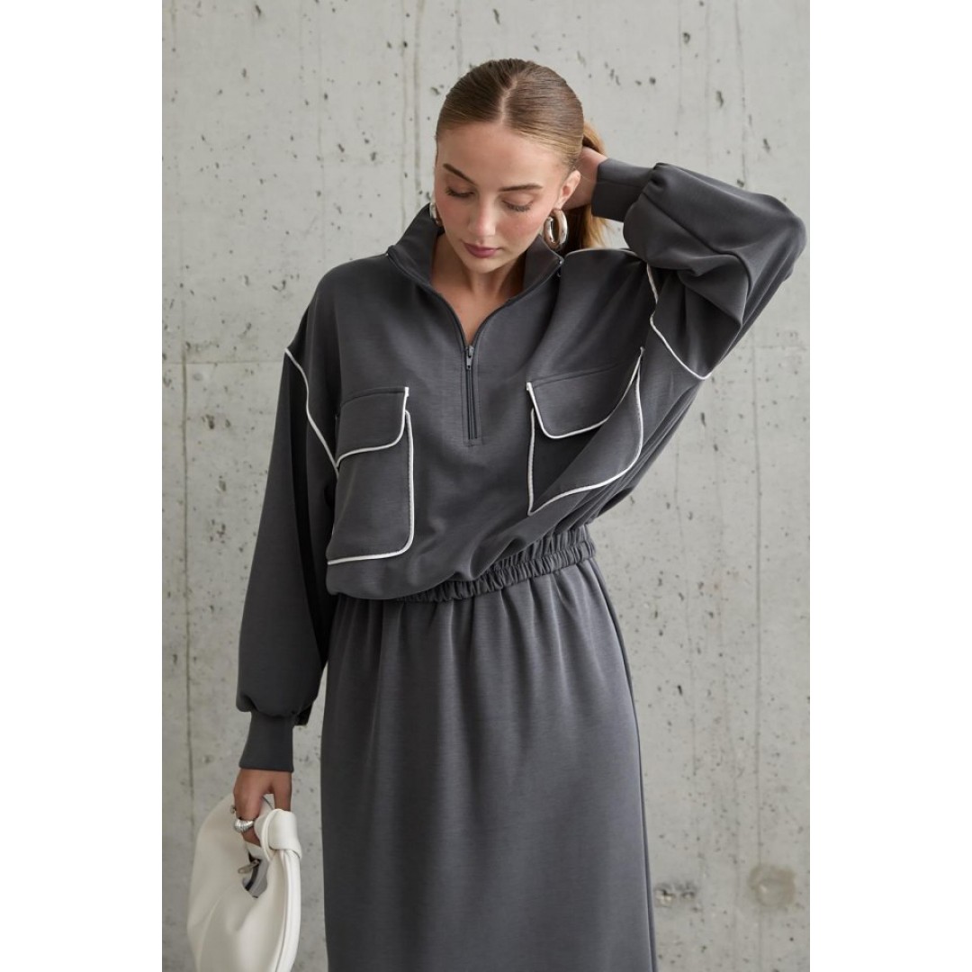 Füme Biyeli Sweatshirt Ve Etek Takım - 153690 Füme Biyeli Sweatshirt Ve Etek Takım - 153690