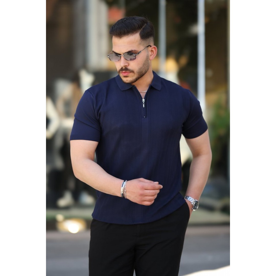 Erkek Yakası Fermuarlı Kısa Kollu T-shirt