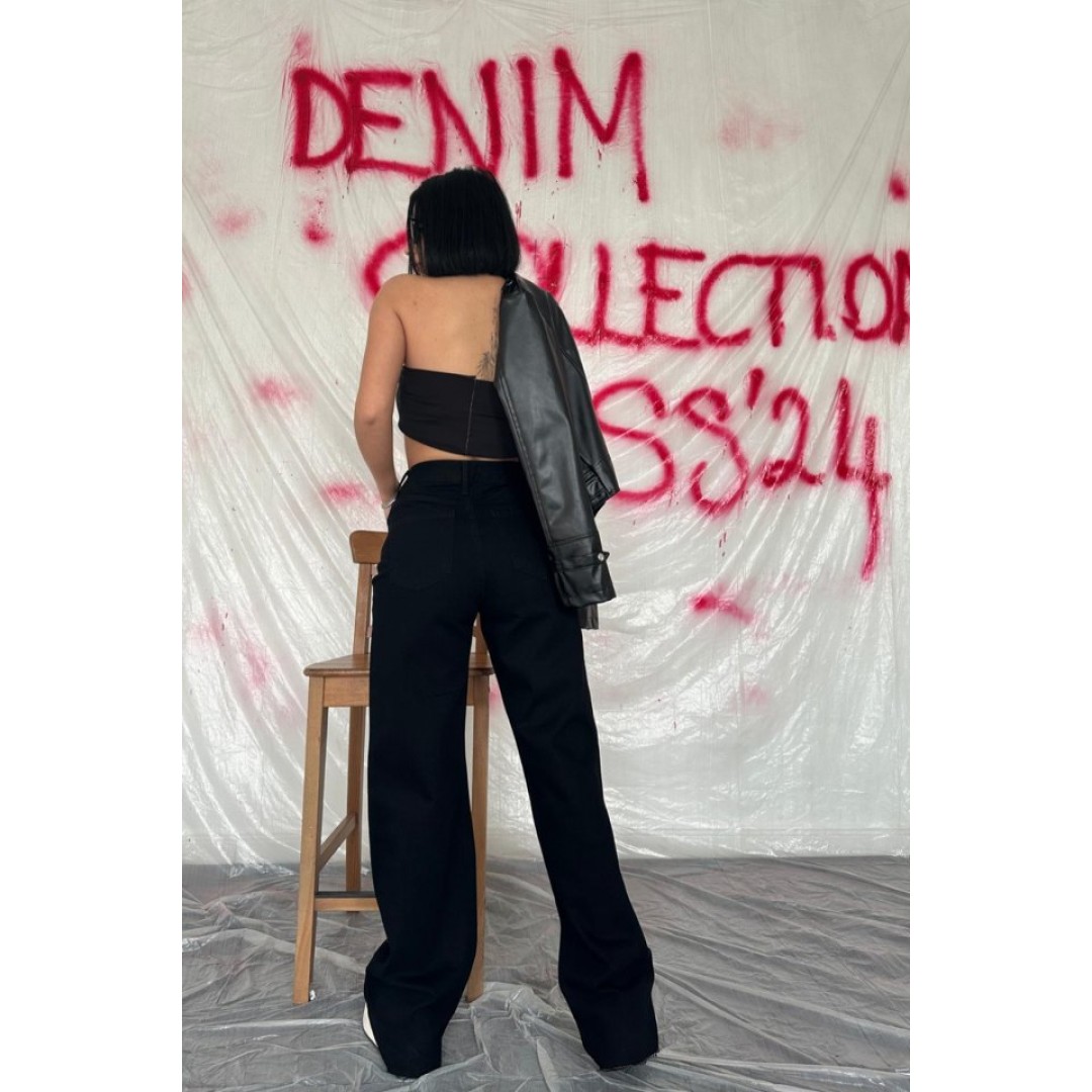 Siyah Yüksek Bel Ve Geniş Paça Jeans Pantolon 148303 Siyah Yüksek Bel Ve Geniş Paça Jeans Pantolon 148303