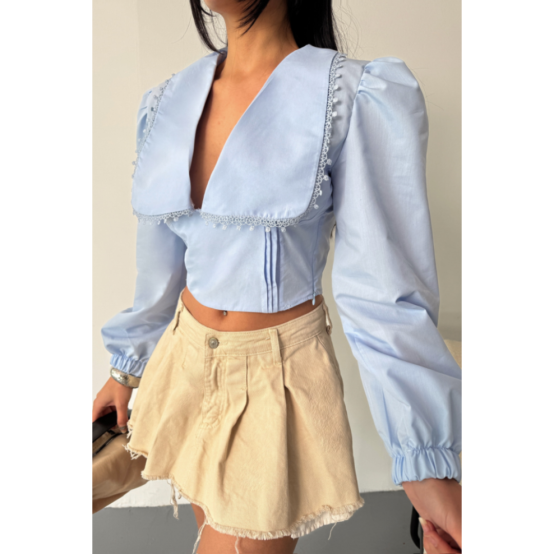CROP POPLİN GÖMLEK YAKA KENAR DANTEL DETAYLI - Bebe Mavi - 153796 CROP POPLİN GÖMLEK YAKA KENAR DANTEL DETAYLI - Bebe Mavi - 153796