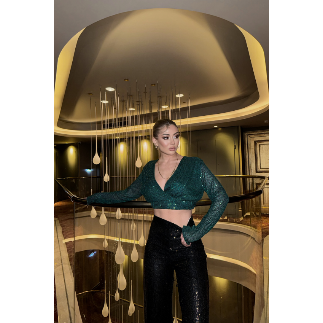 PULLU CROP KRUVAZE BLUZ - Zümrüt