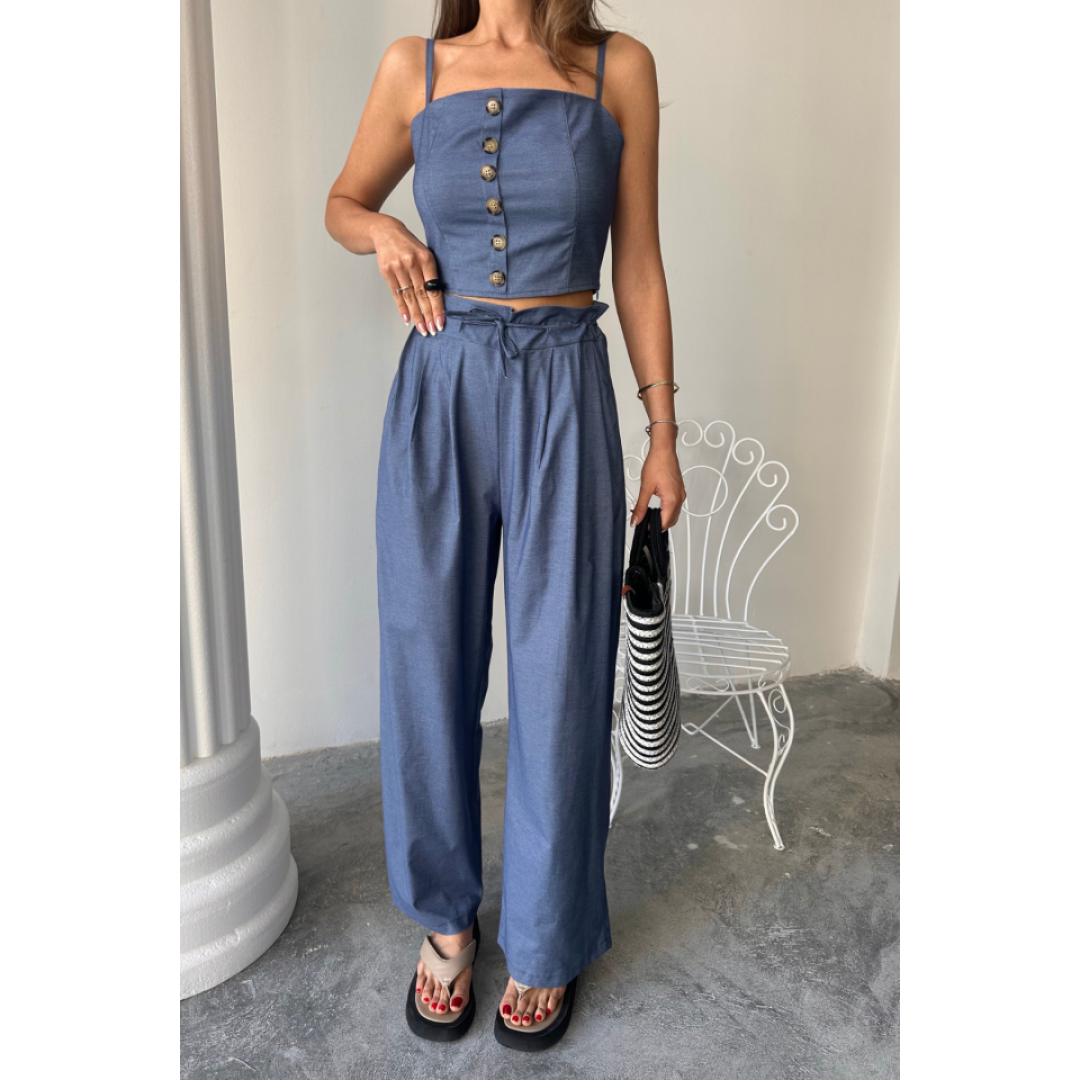 TENCEL CROP ASKILI BLUZ - ŞALVAR PANTOLON TK - İndigo - 161866 TENCEL CROP ASKILI BLUZ - ŞALVAR PANTOLON TK - İndigo - 161866
