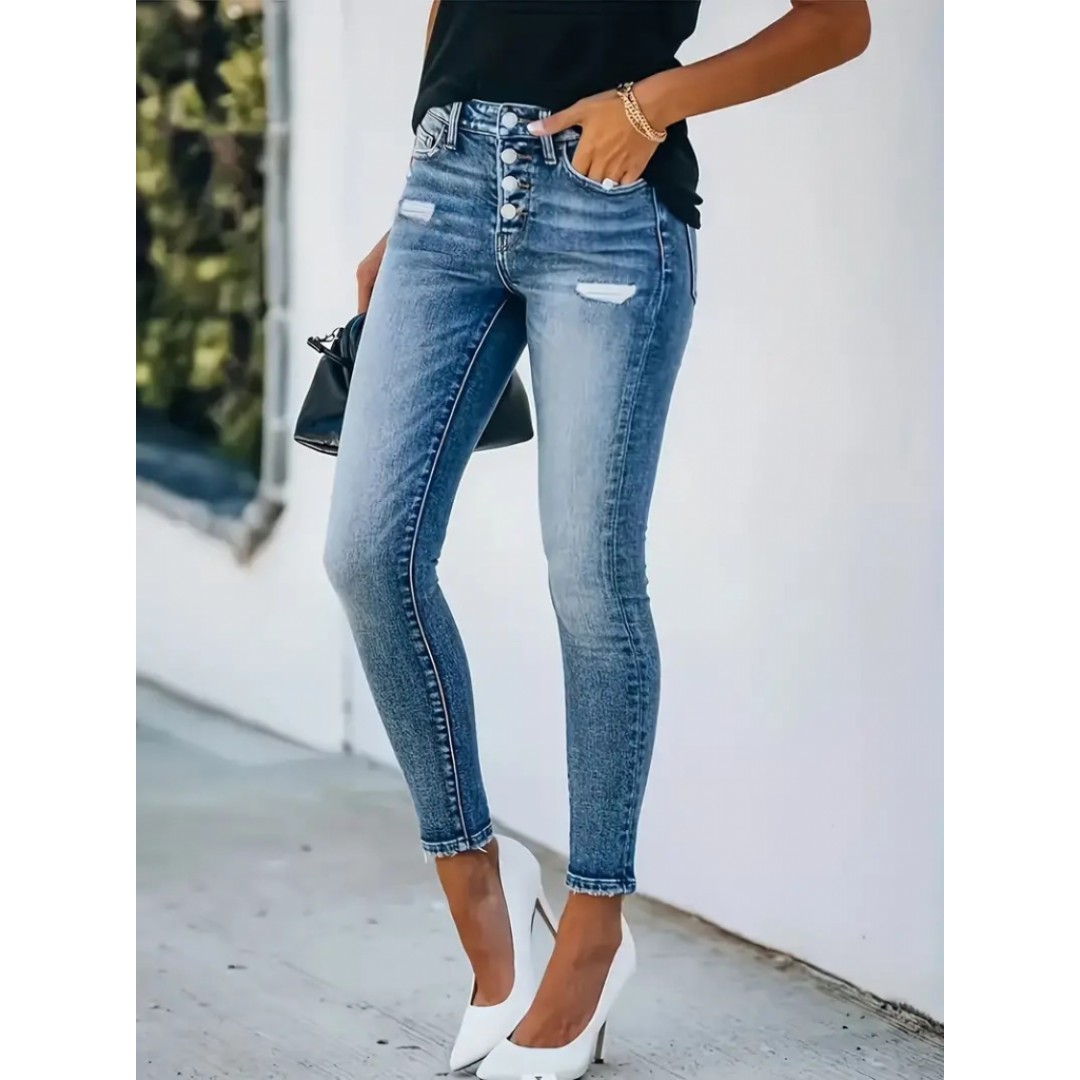 Kadın önü Düğmeli Eskitme Slim Fit Kot Pantolon - 110885 Kadın önü Düğmeli Eskitme Slim Fit Kot Pantolon - 110885