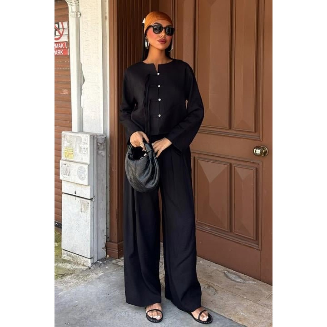 Önü İnce Kordon Detaylı Ve Double Paça Pantolonlu Takım 10180 159420 Önü İnce Kordon Detaylı Ve Double Paça Pantolonlu Takım 10180 159420