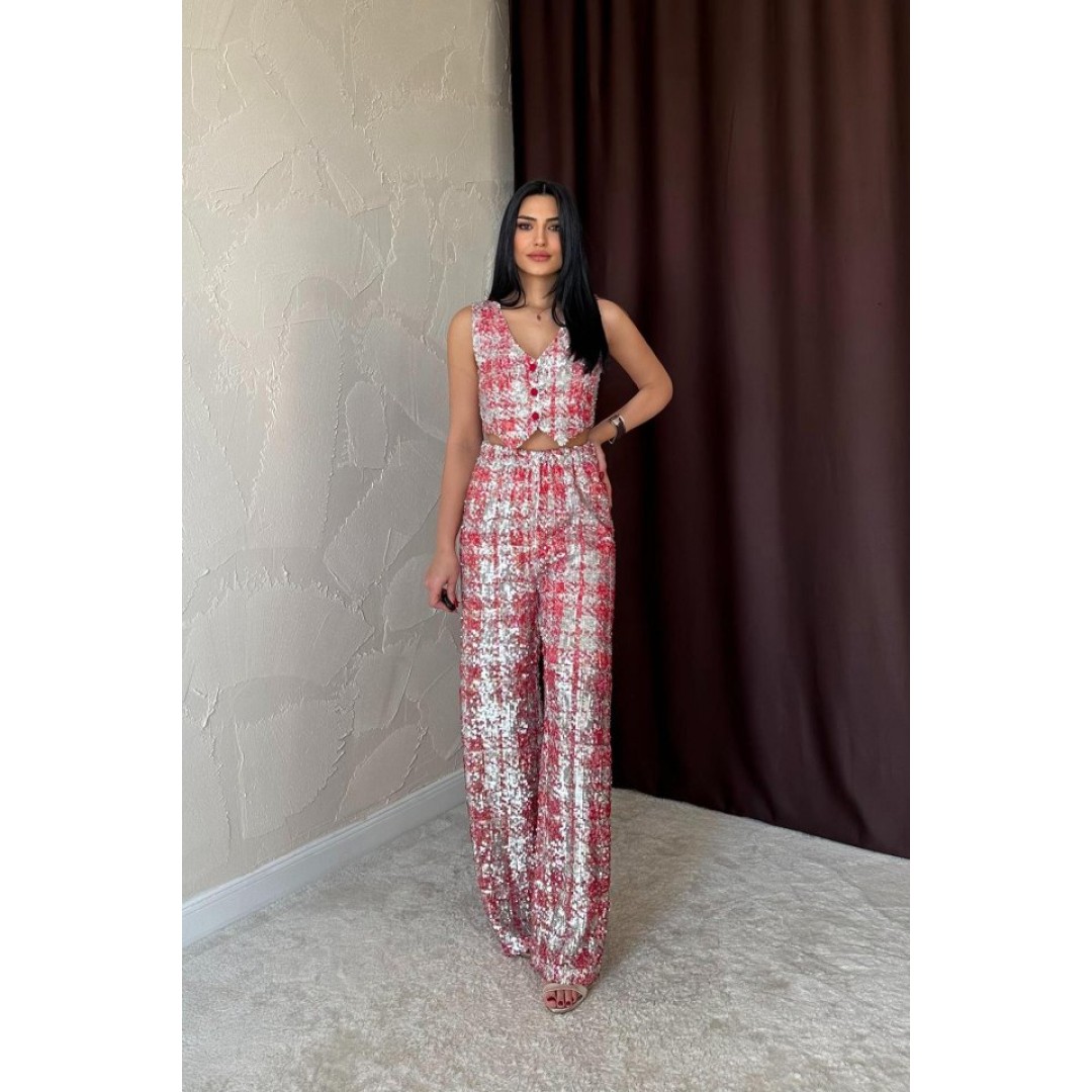 Kırmızı Pullu Yelek Ve Pantolon Takım