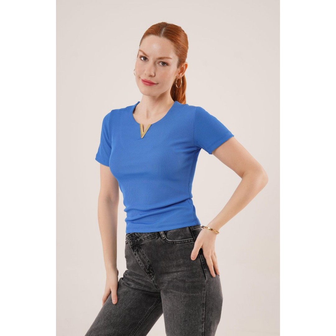 Kısa Kollu Yaka Detaylı Kaşkorse Saks Bluz 149611 Kısa Kollu Yaka Detaylı Kaşkorse Saks Bluz 149611