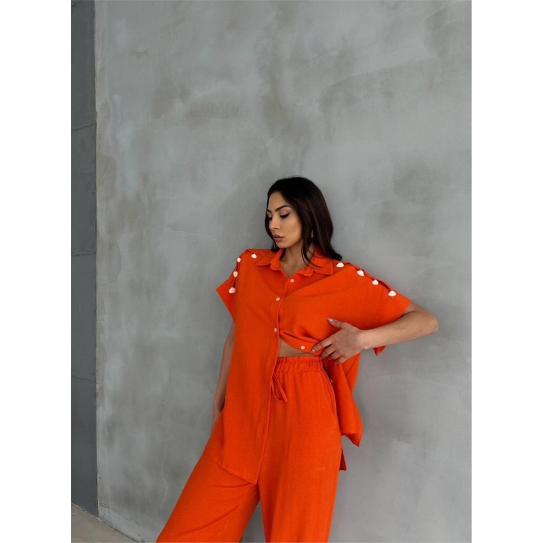 OMUZ MİDYE SIRALI BLUZ - PAÇA PENSLİ PANTOLON TAKIM - Orange 150088 OMUZ MİDYE SIRALI BLUZ - PAÇA PENSLİ PANTOLON TAKIM - Orange 150088