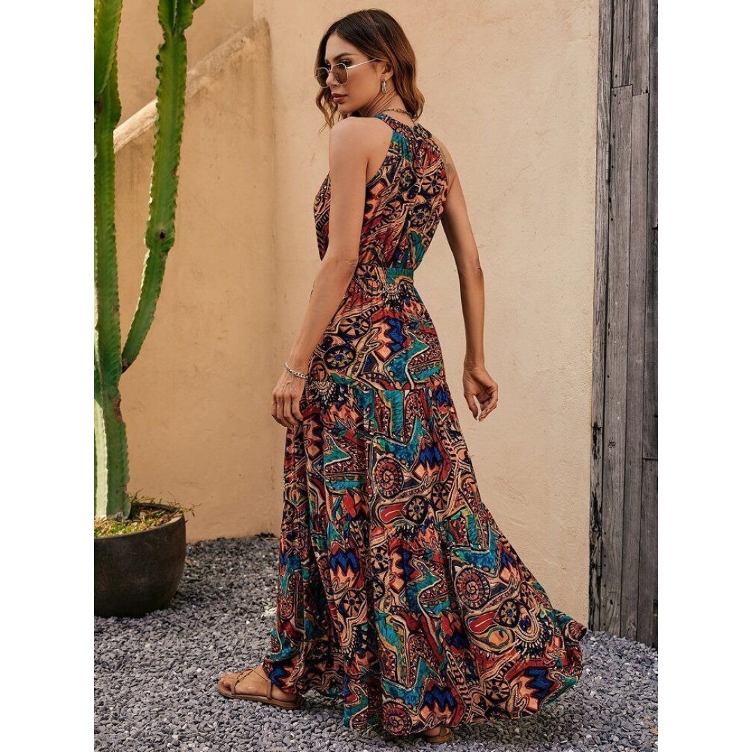 Kadın Kolsuz Halter Yaka Beli Lastikliotantik Desenli Mikro Kumaş Elbise - 160045 Kadın Kolsuz Halter Yaka Beli Lastikliotantik Desenli Mikro Kumaş Elbise - 160045