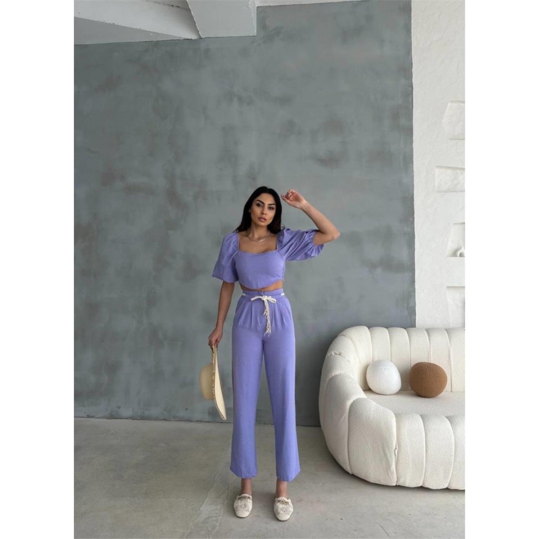 KETEN CROP KARPUZ KOL BLUZ-PANTOLON HASIR KEMERLİ - Mor - 150151 KETEN CROP KARPUZ KOL BLUZ-PANTOLON HASIR KEMERLİ - Mor - 150151