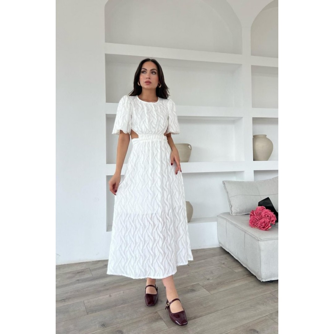 Beyaz Balon Kol Kuşaklı Elbise 153332