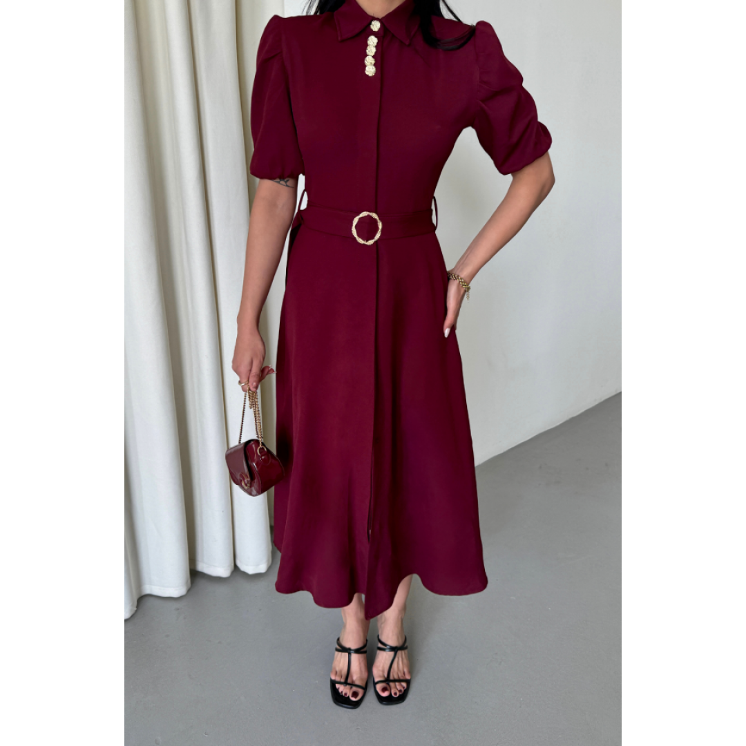 YAKA DÜĞME DETAYLI ELBİSE- Bordo 154396