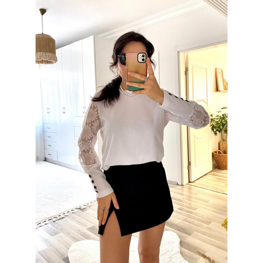 Kadın Uzun Kollu Bisiklet Yaka Kolları çiçekli Waffle Bluz - 138112 Kadın Uzun Kollu Bisiklet Yaka Kolları çiçekli Waffle Bluz - 138112