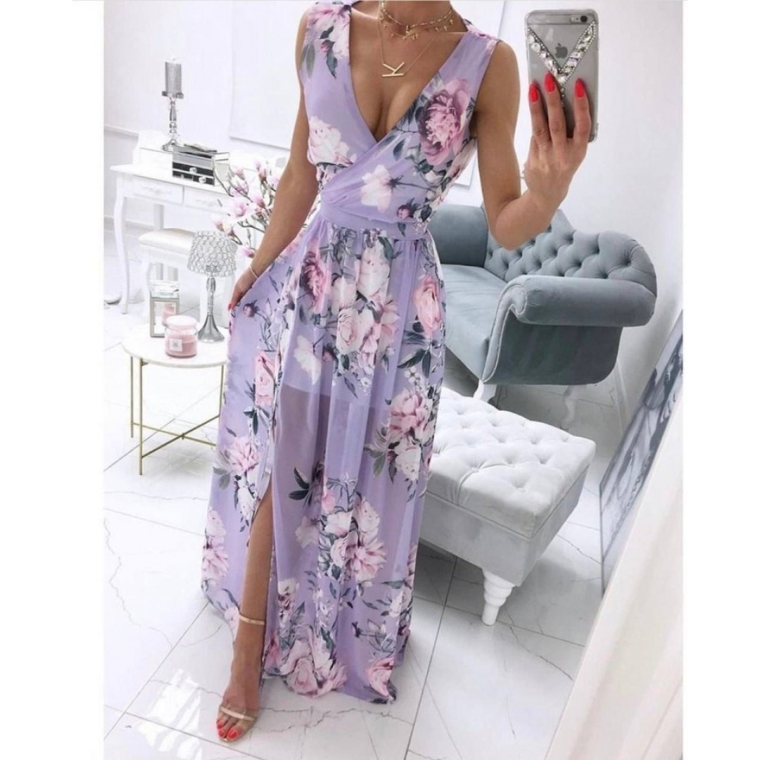 Kadın şifon Kumaş V Yaka Sıfır Kol Maxi Boy Elbise - 160865 Kadın şifon Kumaş V Yaka Sıfır Kol Maxi Boy Elbise - 160865