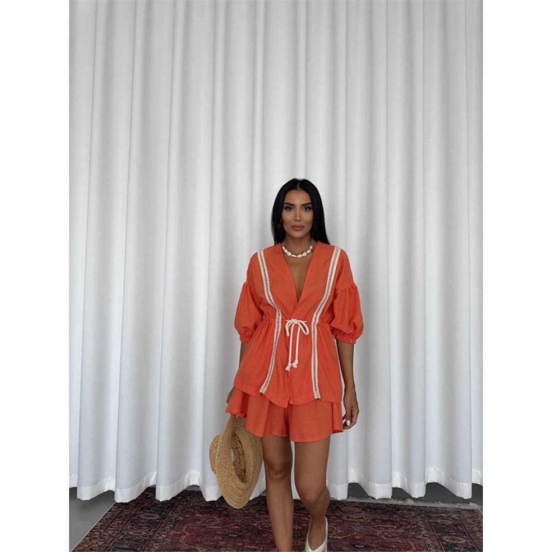 KETEN BEL BÜZGÜLÜ BLUZ-PANTOLON TAKIM - Orange 152265 KETEN BEL BÜZGÜLÜ BLUZ-PANTOLON TAKIM - Orange 152265