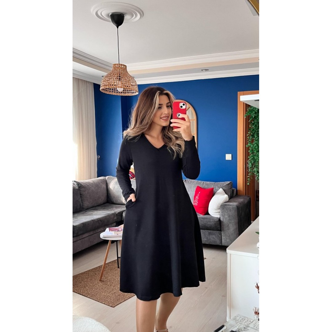 Kadın Uzun Kollu V Yakalı Salaş Midi Iki Iplik Elbise
