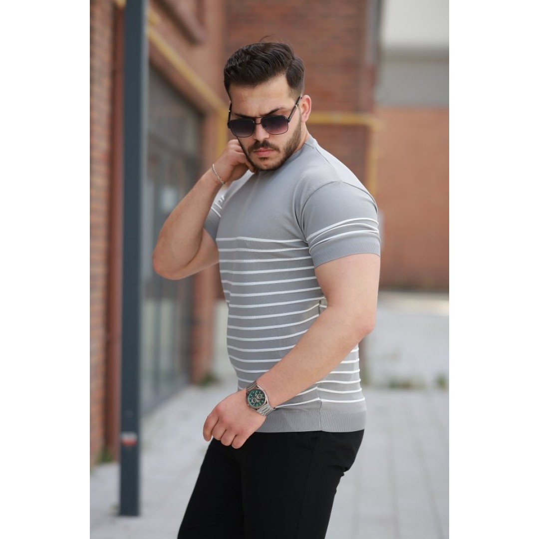 Erkek çizgi Desenli Bisiklet Yaka Kısa Kollu T-sihrt 162328