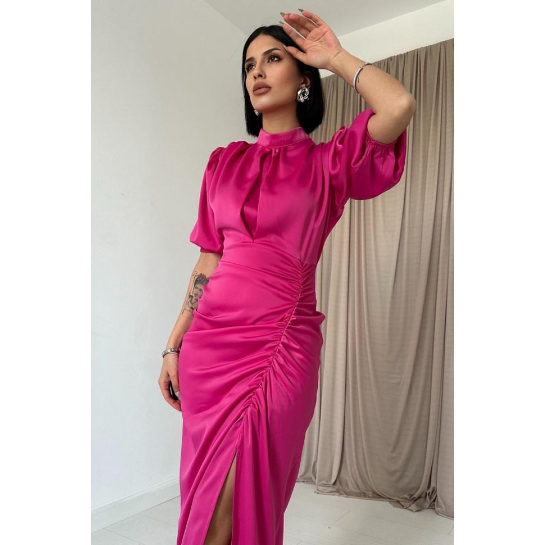 Fuşya Büzgülü Saten Elbise - 149075