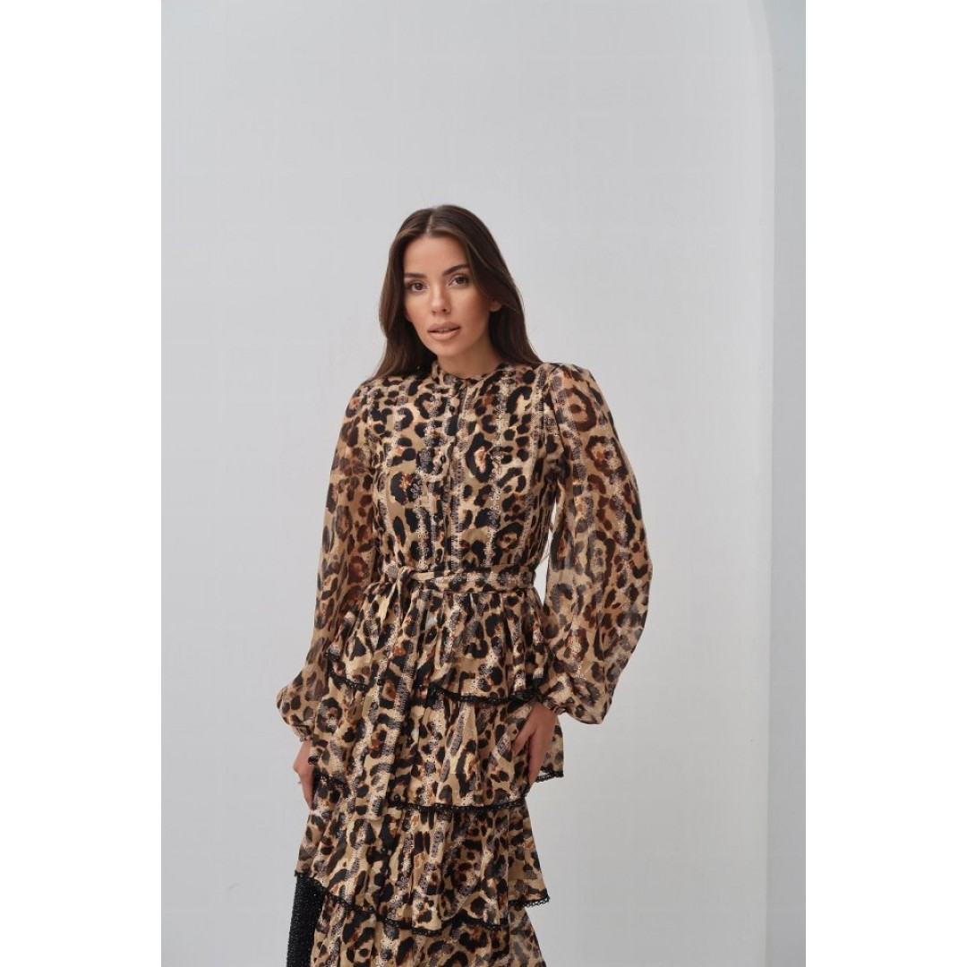 Leopar Volanlı Şeritli Uzun Elbise 162880 Leopar Volanlı Şeritli Uzun Elbise 162880