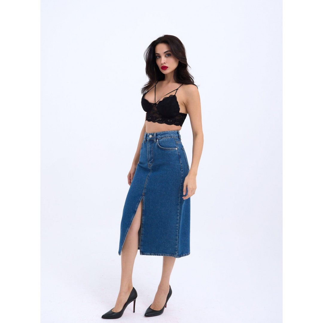 6471 DENİM MIDI SLIT SKIRT-KOYU MAVİ - 143158 6471 DENİM MIDI SLIT SKIRT-KOYU MAVİ - 143158