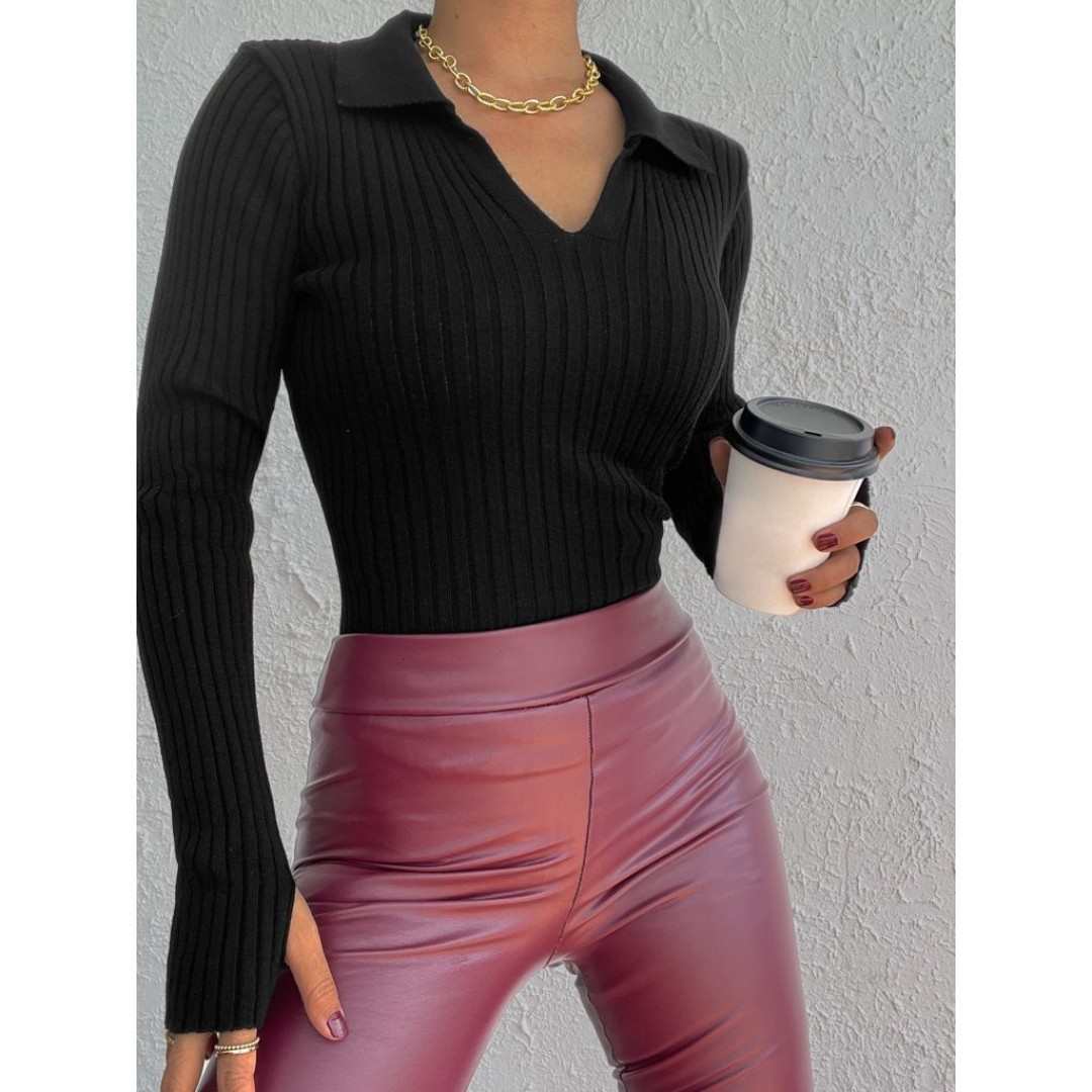 Kadın Siyah Polo Yaka Parmak Detay Triko Bluz 2047 132289 Kadın Siyah Polo Yaka Parmak Detay Triko Bluz 2047 132289