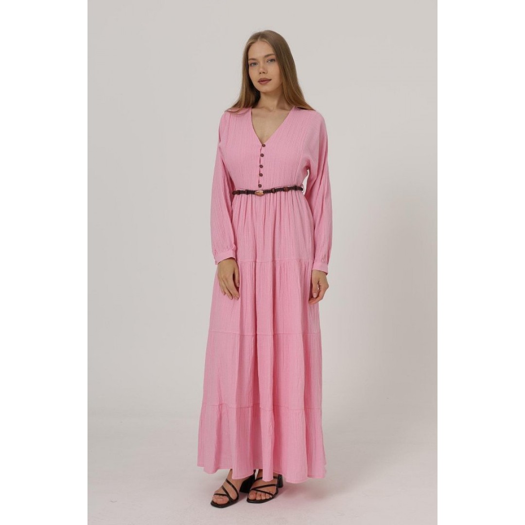 Önü Yarım Düğmeli Uzun Kol Kemerli Elbise - Pembe - 162564 Önü Yarım Düğmeli Uzun Kol Kemerli Elbise - Pembe - 162564