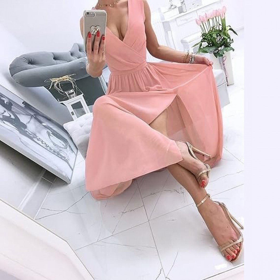 Kadın şifon Kumaş V Yaka Sıfır Kol Maxi Boy Elbise 160868 Kadın şifon Kumaş V Yaka Sıfır Kol Maxi Boy Elbise 160868