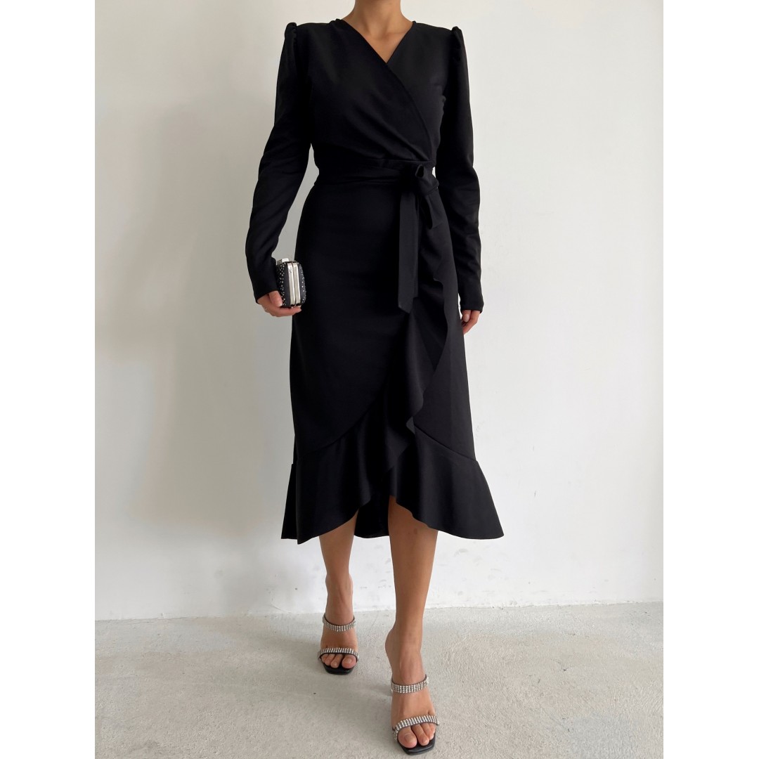Krep Kumaş Midi Boy Kuşaklı Uzunkol Elbise 113 Cm - 42673 Krep Kumaş Midi Boy Kuşaklı Uzunkol Elbise 113 Cm - 42673