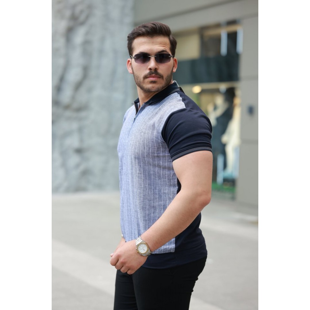 Erkek Fermuar Yakalı çizgili Kısa Kollu Tişört 163459 Erkek Fermuar Yakalı çizgili Kısa Kollu Tişört 163459