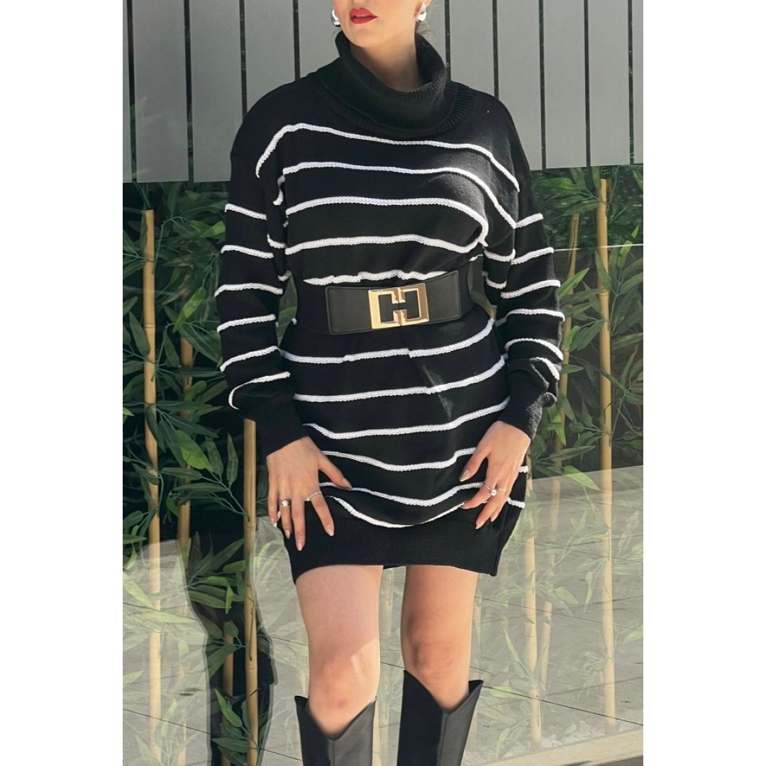 Kadın Uzun Kollu Degaje Yaka çizgili Sonya Iplik Mini Boy Triko Elbise (kemersiz) - 134005 Kadın Uzun Kollu Degaje Yaka çizgili Sonya Iplik Mini Boy Triko Elbise (kemersiz) - 134005