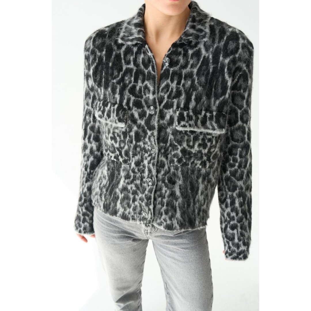 Leopar Desen Jakarlı Hırka - Siyah-Açık Gri - 149763