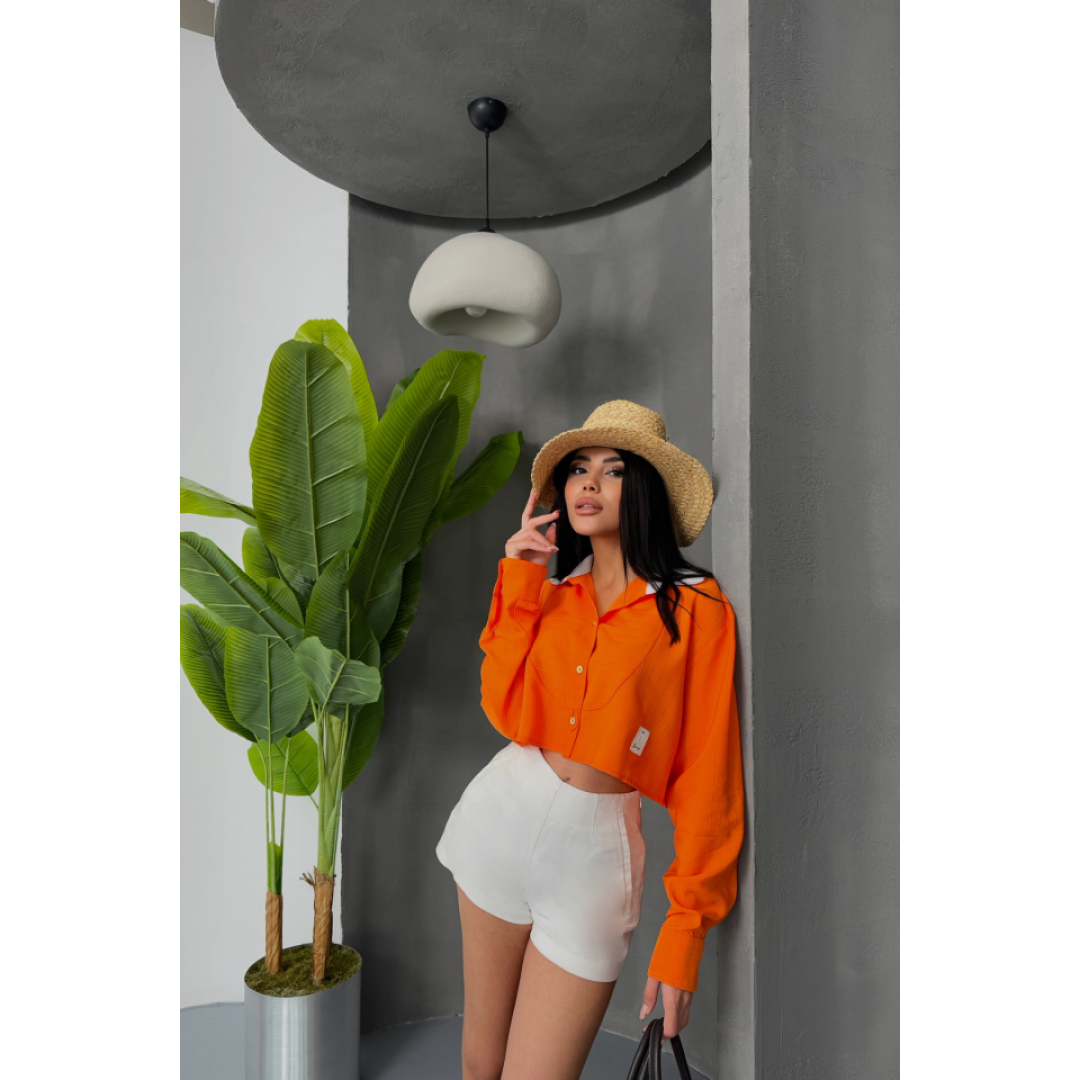CROP GÖMLEK BEYAZ YAKA VE ETİKET DETAYLI - Orange
