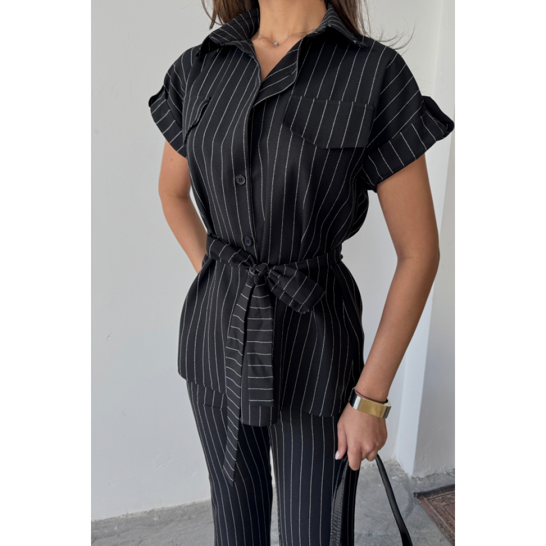 ÇİZGİLİ POLYVİSKON BLUZ - PANTOLON TAKIM - Siyah 159629 ÇİZGİLİ POLYVİSKON BLUZ - PANTOLON TAKIM - Siyah 159629