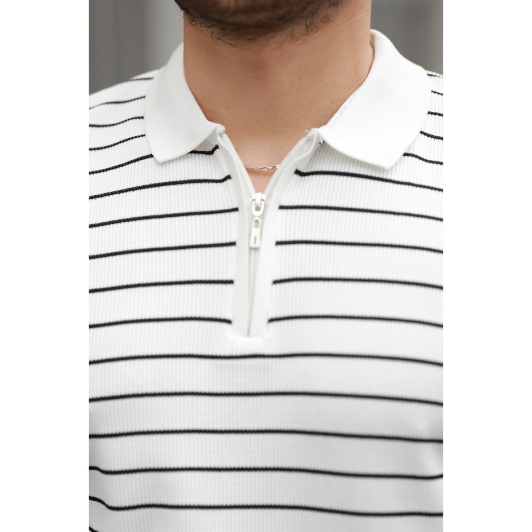Erkek Fermuar Yakalı çizgili Kısa Kollu T-shirt 160699