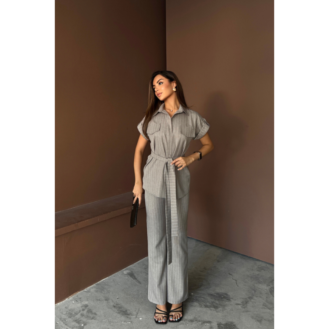 ÇİZGİLİ POLYVİSKON BLUZ - PANTOLON TAKIM - Gri 159630 ÇİZGİLİ POLYVİSKON BLUZ - PANTOLON TAKIM - Gri 159630