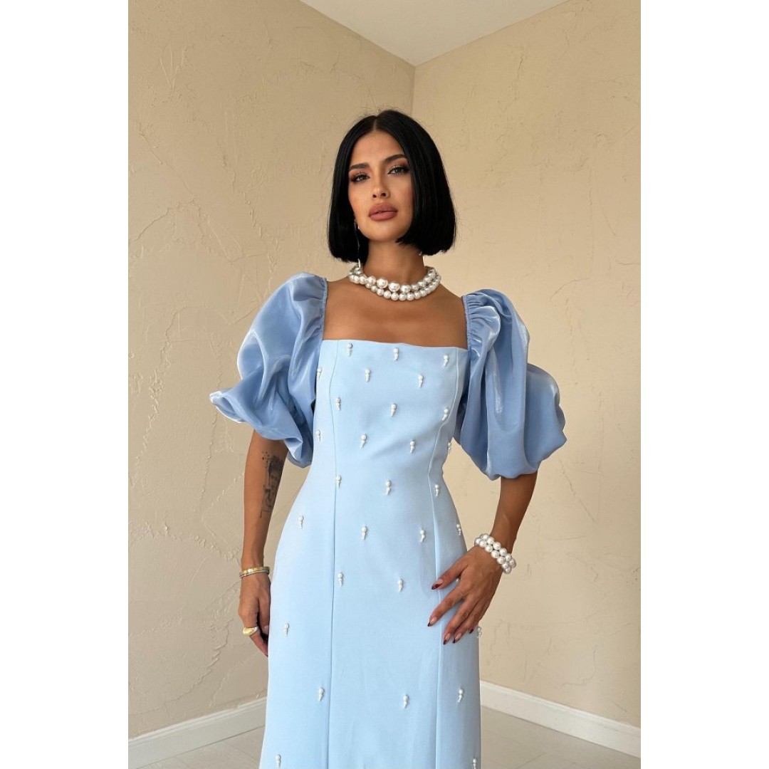 Bebe Mavi İşlemeli Kolu Garnili Elbise - 153835 Bebe Mavi İşlemeli Kolu Garnili Elbise - 153835