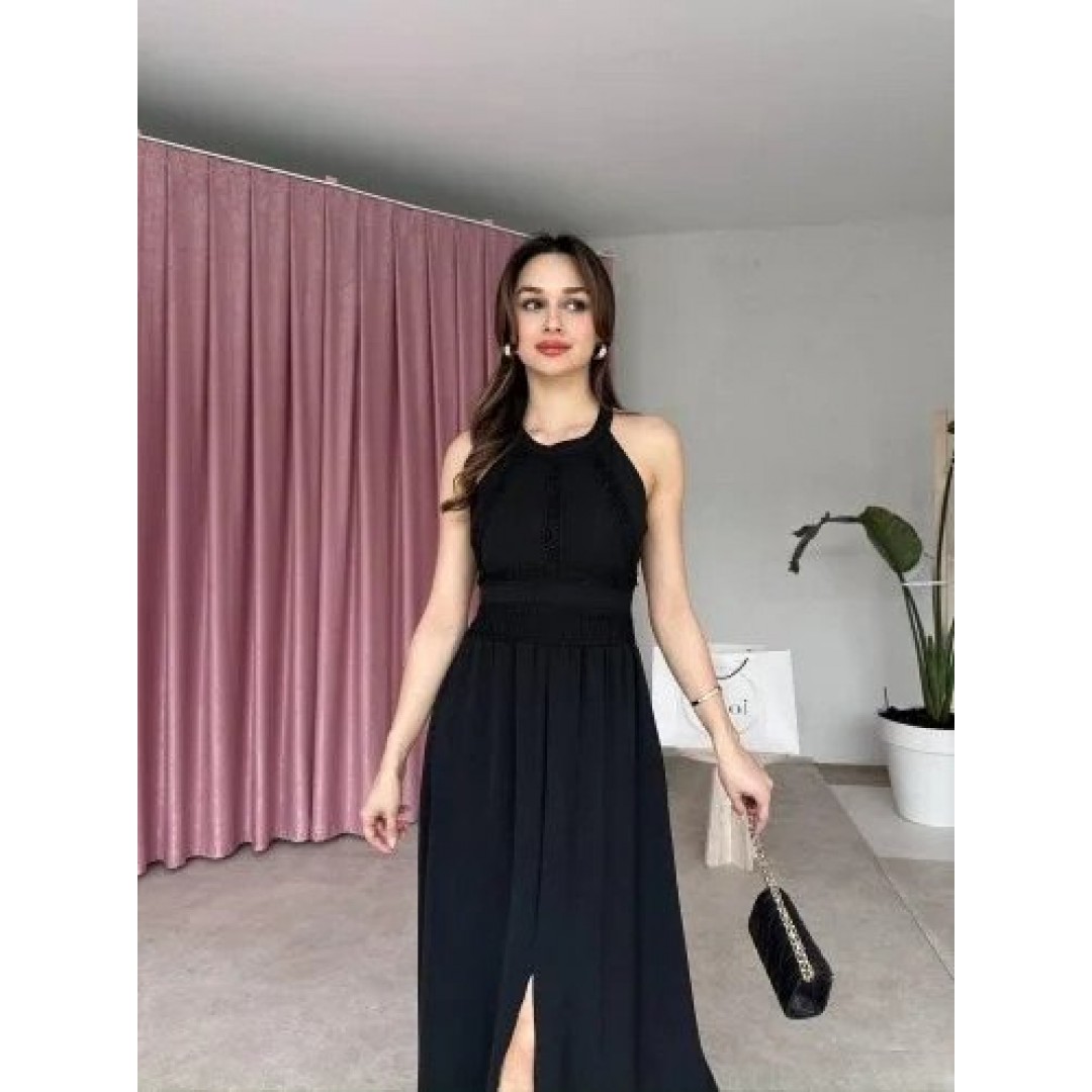 Kadın Krinkil Kumaş Beli Gipeli Halter Yaka Maxi Boy Elbise - 160441 Kadın Krinkil Kumaş Beli Gipeli Halter Yaka Maxi Boy Elbise - 160441