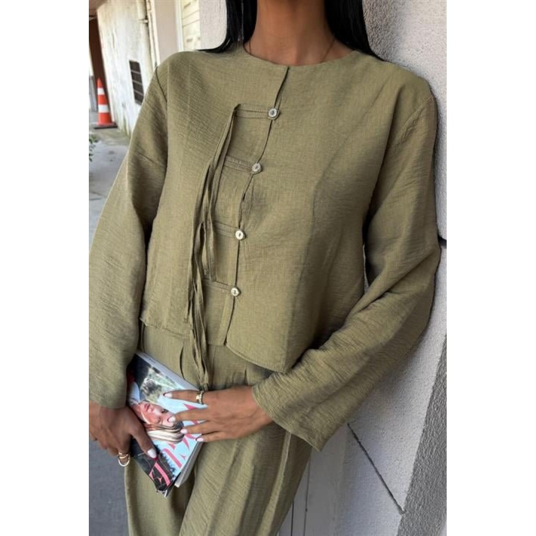 Önü İnce Kordon Detaylı Ve Double Paça Pantolonlu Takım 10180 159419 Önü İnce Kordon Detaylı Ve Double Paça Pantolonlu Takım 10180 159419
