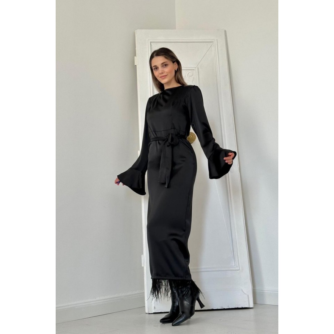 Siyah Eteği Saçaklı Elbise - 151756 Siyah Eteği Saçaklı Elbise - 151756
