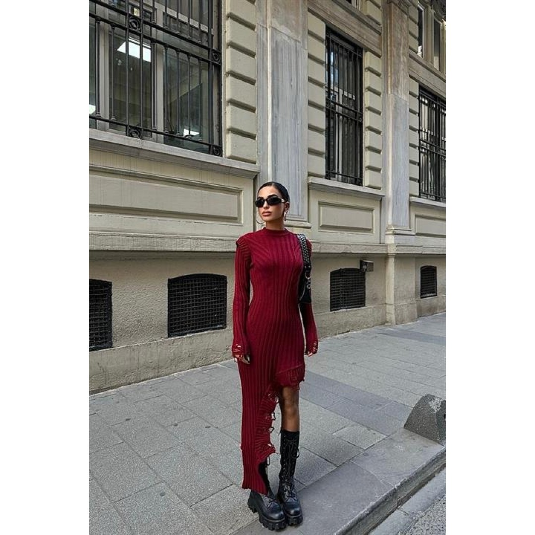 Asimetrik Detaylı Fitilli Triko Elbise 2824 158391 Asimetrik Detaylı Fitilli Triko Elbise 2824 158391