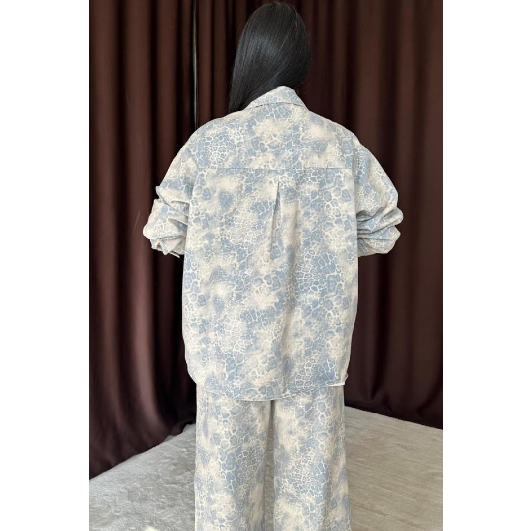 Mavi Leopar Desenli Ceket Ve Pantolon Keten Takım 149010 Mavi Leopar Desenli Ceket Ve Pantolon Keten Takım 149010